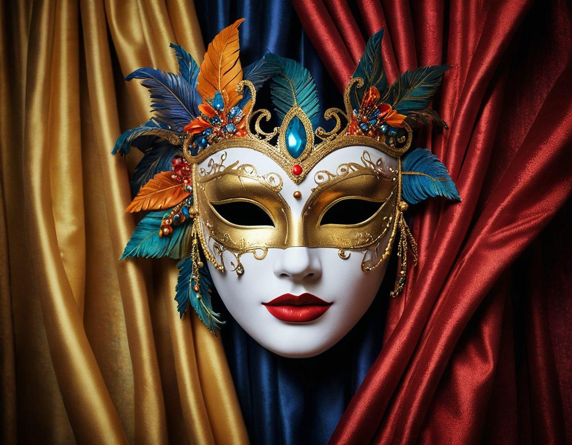 A captivating scene showcasing a beautifully crafted masquerade mask, half-hidden behind an intricately designed curtain of shimmering fabric. Subtle reflections of light create enchanting patterns around the mask, symbolizing charm and deception. In the background, colorful but distorted faces hint at the beauty behind facades. The overall composition evokes a sense of mystery and allure. vibrant colors. super-realistic.