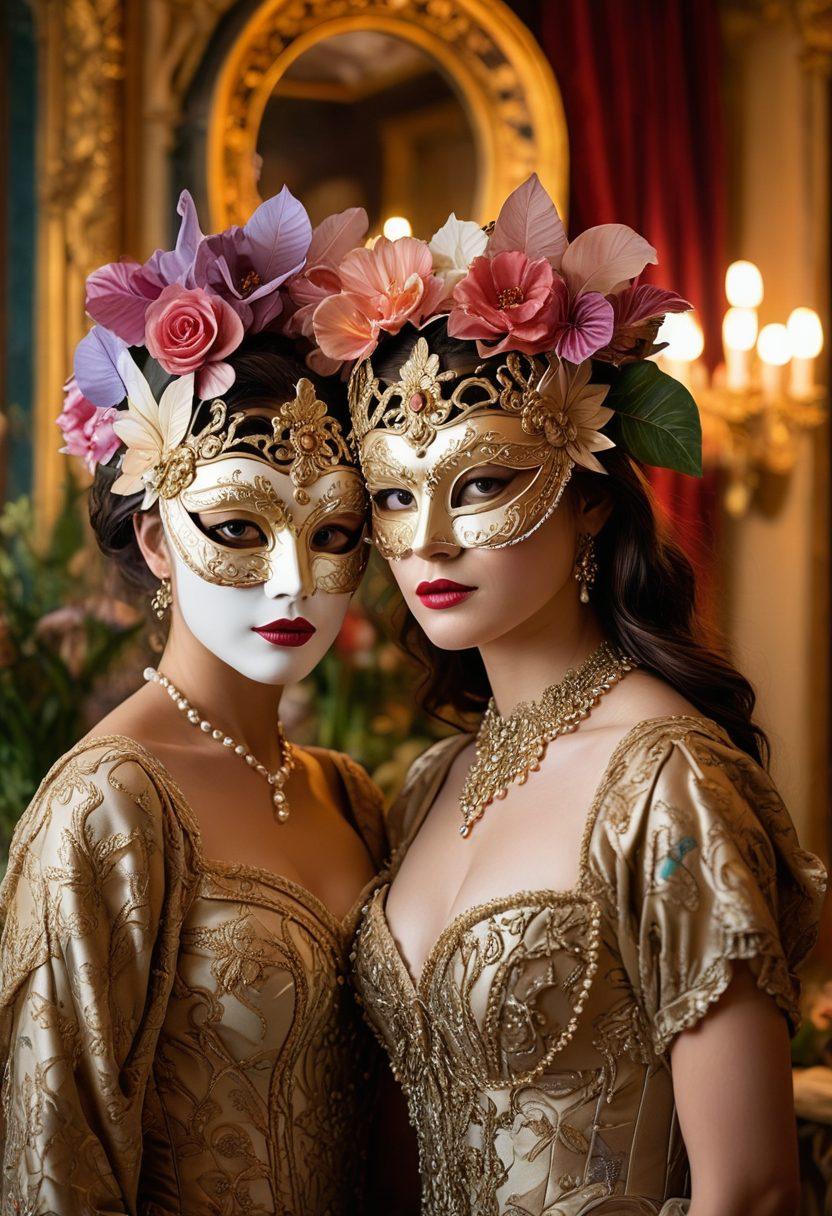 A mesmerizing scene featuring a stunning masquerade ball, where elegantly dressed guests wear ornate masks, symbolizing deception. In the background, an enchanting garden filled with whimsical, distorted mirrors reflects the beauty and mystery of illusions. Soft lights create a dreamy atmosphere, blending reality with fabrication. The contrast between the vibrant colors of the costumes and the ethereal glow enhances the sense of allure. digital painting. vibrant colors. mystical ambiance.