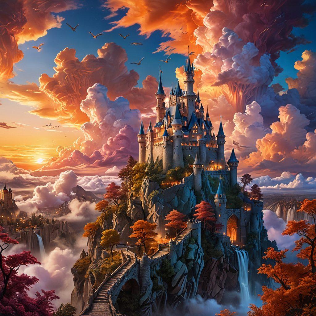 A whimsical landscape blending elements of fantasy and reality, featuring a majestic castle made of clouds, surrounded by mythical creatures like unicorns and dragons, juxtaposed with everyday urban buildings and people navigating their lives. The sky is filled with vibrant colors of sunset, drifting between fantasy and reality. super-realistic. vibrant colors. surreal elements.